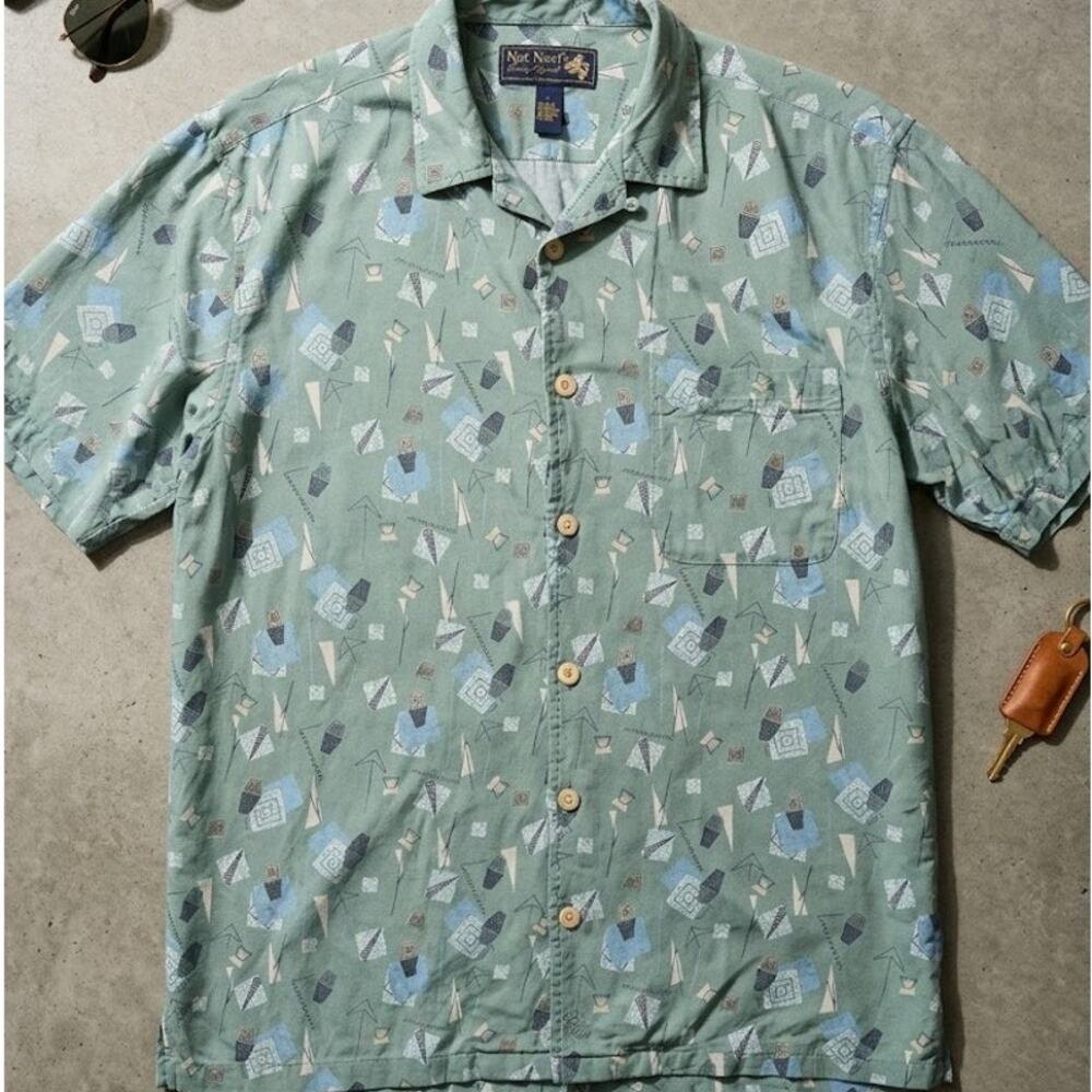 Nat Nast Luxury Originals 100% Silk Shirt Large Green Abstract Geometric Retro